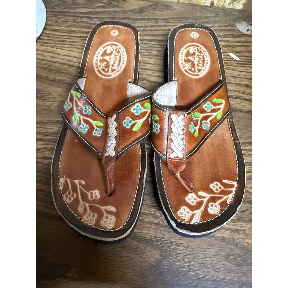 Bahias Womens Size 6 Leather Thong Sandals Brown Floral Braided Boho